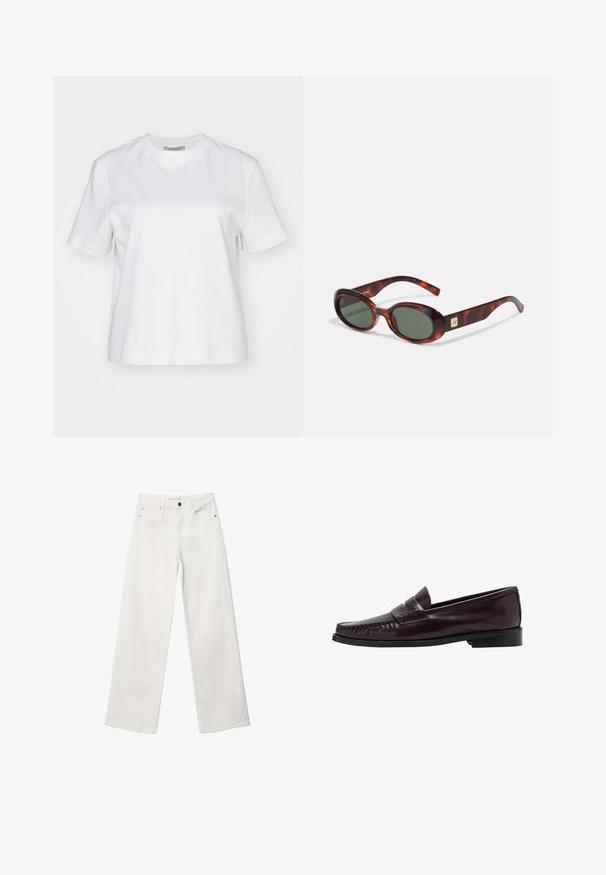 Tessuto di pelle scamosciata marrone con una consistenza morbida, caratterizzato da pieghe leggere e da un colore ricco e uniforme, adatto per varie applicazioni tessili.; AllSaints LISA - T-shirt basic - white; Jeans bianchi a gamba larga in denim, caratterizzati da un'alta vita, design a cinque tasche e chiusura con bottone metallico. Tessuto liscio, senza fantasie.; Mocassino da uomo in pelle marrone scuro con suola nera e dettaglio di cucitura lungo la punta, mostrato in profilo laterale.; Occhiali da sole a tartaruga con lenti scure, forma ovale e aste larghe. Presentano un piccolo accento dorato sul lato. Materiale in plastica liscia.; Borsa in tessuto intrecciato di colore verde oliva, dalla forma ampia e arrotondata, con un'unica maniglia allungata per il trasporto. Superficie texturizzata.