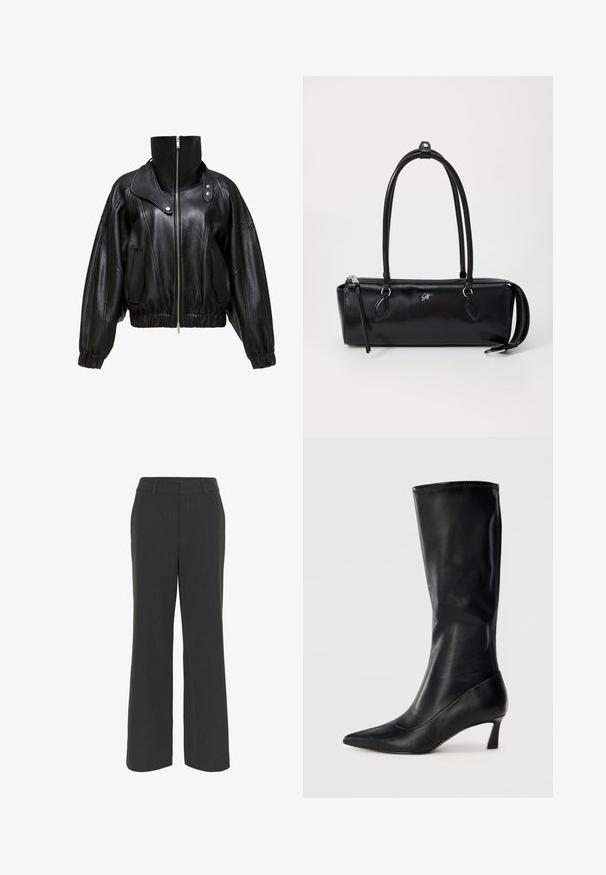 Černá kožená bunda s vysokým límcem, zipovým zapínáním a zkráceným designem. Obsahuje boční kapsy a elastické manžety a spodní lem.; Bílá košile s dlouhým rukávem a širokým límcem, která má hladkou texturu a zapínání na knoflíky vpředu.; Tmavě šedé kalhoty s širokými nohavicemi a texturovanou tkaninou, s plochým předním dílem, poutky na pás a čistým lemem, vhodné pro formální i neformální nošení.; Černá kožená vysoká bota po kolena s špičatou špičkou a umírněným podpatkem. Hladký povrch a elegantní design s jemnými švy.; Černá kožená kabelka obdélníkového tvaru, hladké textury, se dvěma uchy, zipovým uzávěrem a malým logem na přední straně.