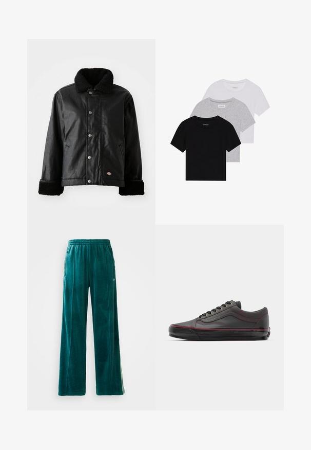 Black leather jacket with a shearling collar, snap-button closure, side pockets, and soft textured cuffs. Features brand logo patch.; Set of three short-sleeve t-shirts in black, gray, and white. Made from cotton, featuring a crew neck and a simple, solid color design.; Teal velour joggers with a loose fit, elastic waistband, side pockets, and subtle texture pattern. Features contrasting stripes along the sides.; Black leather sneakers with maroon accents, rounded toe, lace-up design, visible stitching, and textured rubber sole.
