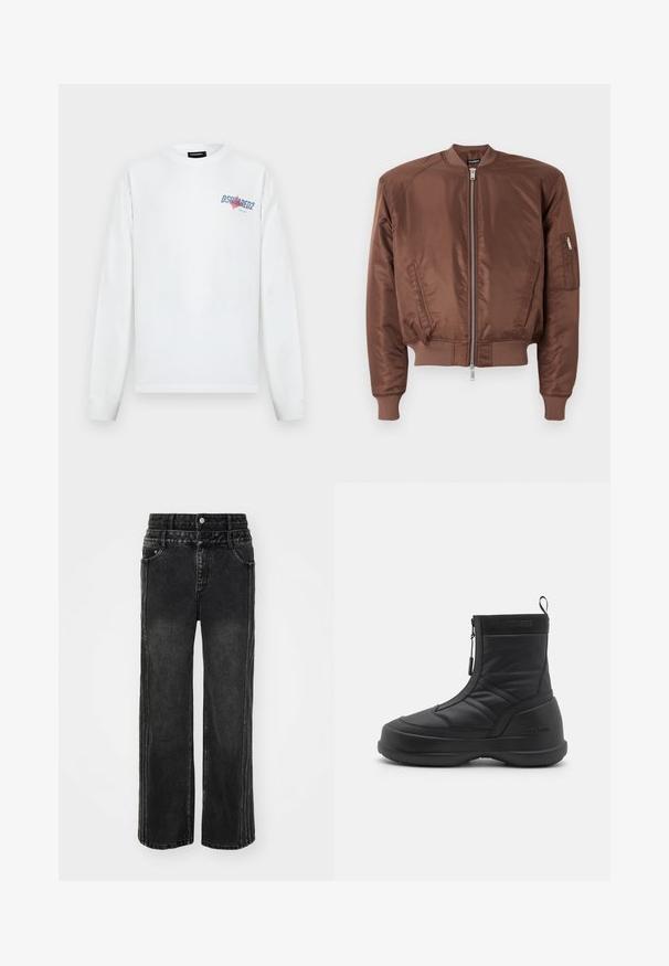 Rjava bombnik jakna iz gladkega materiala, z zadrgo spredaj, rebrastimi manšetami, stranskima žepoma in dodatnim žepom z zadrgo na roki.; Bela majica z dolgimi rokavi z modrim in rdečim logotipom DSQUARED2 na levi strani prsi, okroglim izrezom in rebrastimi manšetami.; Široke črne jeans hlače z zbledelim zaključkom, z gumbom za zapiranje, petimi žepi in kontrastnim šivanjem ob straneh.; Črne vodoodporne snežne škornje s gladkim sintetičnim zgornjim delom, zadrgo, podloženim ovratnikom in teksturiranim gumijastim podplatom. Okrašeni z blagovno znamko "MOON BOOT".