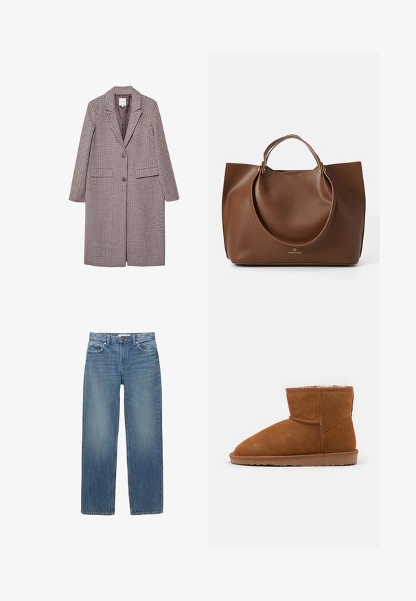 Brun og beige ternet frakke med klapkrave, to forlommer og to knapper, der har en glat inderside.; Marine striktrøje med et broderet teddy bear-design med et flag, denim blå jeans og brune sko. Rød logo på kanten.; Lysblå denimjeans med lige snit, fem lommer og hardware i kobberfarve. Stoffet har en let falmning og en glat tekstur.; Brune ruskind ankelstøvle med en afrundet tå og blød foring, der har en flad gummisål og minimale syninger.; Brun læder tote bag med en glat tekstur, store runde håndtag, prydet med minimalistisk design og logo prentet på bunden.