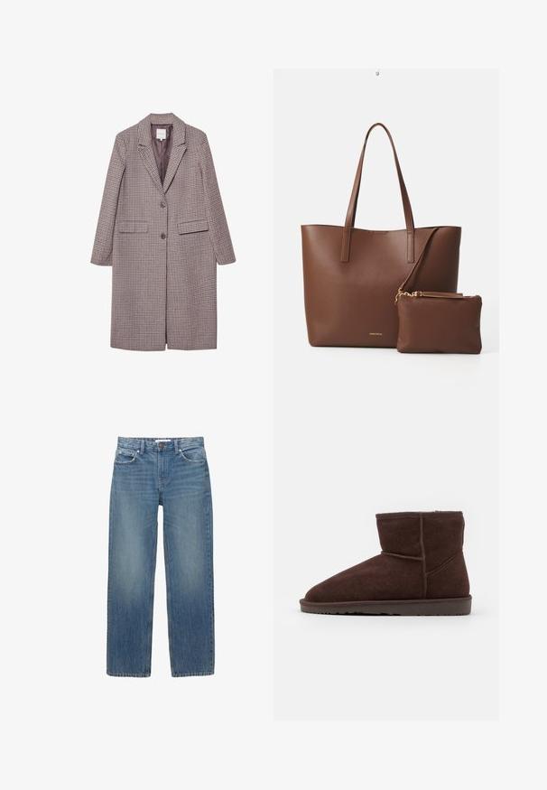 Brązowy i beżowy płaszcz w kratę z wyciętym kołnierzem, dwoma przednimi kieszeniami i dwoma guzikami, z gładką podszewką.; Beżowy sweter dzianinowy z okrągłym dekoltem, długimi rękawami i ściągaczem u dołu. Miękka, teksturowana tkanina o luźnym kroju.; Jasnoniebieskie dżinsy z prostym krojem, pięcioma kieszeniami i miedzianymi detalami. Materiał ma delikatne przetarcia i gładką fakturę.; Brązowe zamszowe botki za kostkę z zaokrąglonym noskiem i miękką wyściółką, z płaską gumową podeszwą i akcentami w tonalnym przeszyciu.; Brązowa torba tote z syntetycznej skóry, z dwiema długimi rączkami i dopasowaną małą saszetką. Powierzchnia ma teksturowany wzór i złote akcenty.