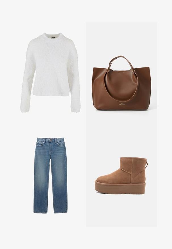 Hnědý a béžový kabát s kostkovaným vzorem, s klopovým límečkem, dvěma předními kapsami a dvěma knoflíky, má hladkou podšívku.; Bílý, nadýchaný svetr z měkkého materiálu. Má kulatý výstřih a dlouhé rukávy s volným střihem. Bez vzorů nebo zdobení.; Světle modré džínové kalhoty se střihiem do rovna, pěti kapsami a měděným kováním. Látka má mírné vyblednutí a hladkou texturu.; Hnědé semišové kotníkové boty s platformou, zaoblenou špičkou a prošíváním; mají poutko vzadu pro snadné obouvání.; Hnědá kožená taška přes rameno s hladkým povrchem, velkými kulatými rukojeťmi, minimalistickým designem a logem embosovaným na dně.