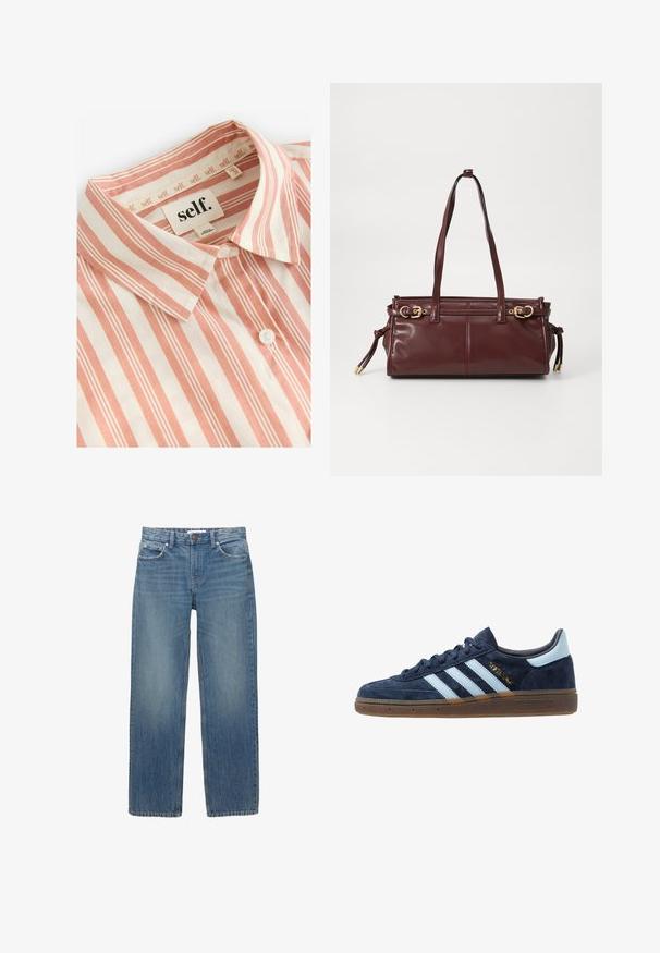 Brauner und beige karierter Mantel mit Reverskragen, zwei vorderen Taschen und zwei Knöpfen, ausgestattet mit einem glatten Innenfutter.; Self. Hemdbluse - rust brown stripe; Hellblaue Jeans aus Denim mit geradem Schnitt, fünf Taschen und Beschlägen in Kupferfarbe. Der Stoff hat eine leichte Ausbleichung und eine glatte Textur.; Marineblaue Wildleder Adidas Sneaker mit hellblauen Streifen, Gummisohle, hellblauer Fersenkappe und goldener "Spezial"-Markierung an der Seite.; Burgunderfarbene Ledertasche mit zwei Schulterriemen, goldfarbenen Beschlägen und einem Reißverschluss. Verfügt über eine glatte Textur und subtile Nahtdetails.