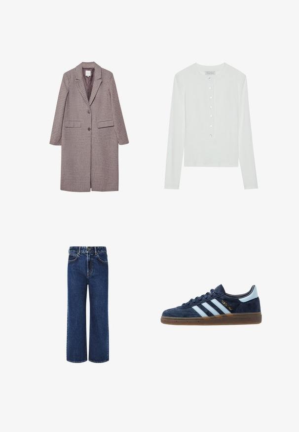 Rjav in bež plašč s karirastim vzorcem, z izrezanim ovratnikom, dvema sprednjima žepoma in dvema gumboma, ki ima gladko notranjo podlogo.; Bela dolga majica z dolgimi rokavi, izdelana iz rebraste tkanine, z okroglim izrezom in sprednjim delom s šestimi prozornimi gumbi.; Denim široke hlače v temno modri barvi, z visokim pasom, gumbom za zapiranje in klasičnim pet-pocket dizajnom s kontrastnim šivanjem.; Mornarsko modri velur Adidas športni copati z svetlo modrimi črtami, gumijastim podplatom, svetlo modrim petnim jezičkom in zlatim oznako "Spezial" na strani.