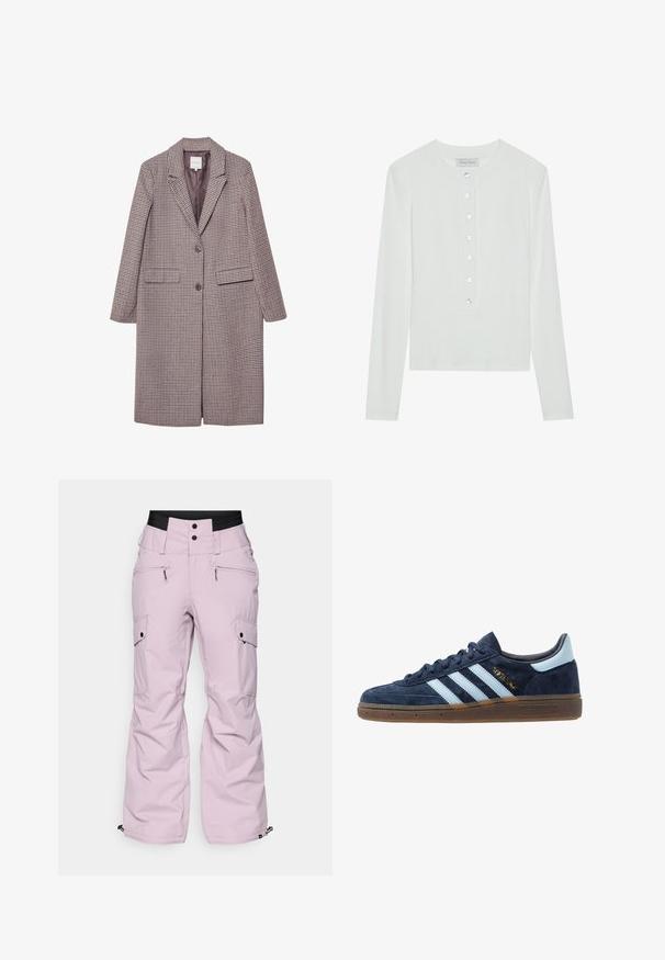 Manteau à motifs carreaux marron et beige avec un col cranté, deux poches avant et deux boutons, doté d'une doublure intérieure lisse.; Haut à manches longues blanc en tissu côtelé, avec un col rond et un devant boutonné comportant six boutons transparents.; Pantalons de neige roses avec une coupe décontractée, comportant plusieurs poches, une large taille, des accents de fermeture éclair et des poignets élastiques aux chevilles.; Baskets Adidas en daim bleu marine avec des rayures bleu clair, semelle en gomme, languette de talon bleu clair et marquage doré "Spezial" sur le côté.