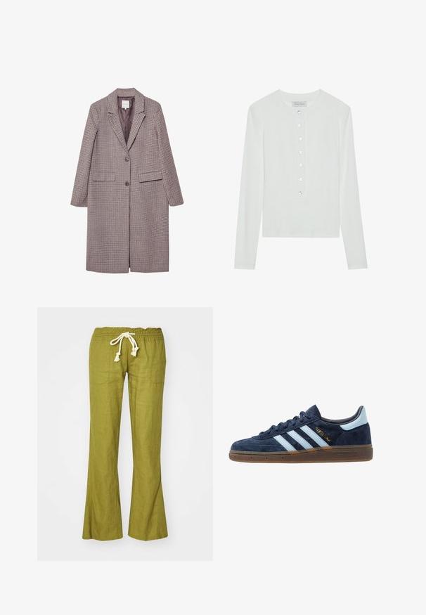 Bruin en beige geruite jas met een gekartelde kraag, twee voorzakken en twee knopen, met een gladde binnenvoering.; Witte lange mouwen top van ribstof, met een ronde halslijn en een knopenfront met zes doorzichtige knopen.; Groene linnen flarebroeken met een elastische tailleband en verstelbare trekkoorden. Voorzien van twee zijzakken en een gladde textuur.; Marineblau suede Adidas sneaker met lichtblauwe strepen, gumzool, lichtblauw hielstuk en gouden "Spezial" branding aan de zijkant.