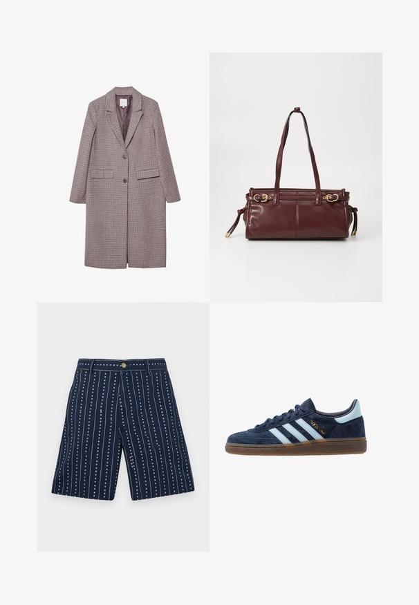 Hnědý a béžový kabát s kostkovaným vzorem, s klopovým límečkem, dvěma předními kapsami a dvěma knoflíky, má hladkou podšívku.; Bílý dlouhý rukáv top vyrobený z ribované látky, který má kulatý výstřih a přední zapínání na šest průhledných knoflíků.; Námořnické šortky s vertikálními pruhy a malými vzory srdcí, vyrobené z měkké tkaniny. Vybavené předním knoflíkem a zipem.; Námořnické modré semišové tenisky Adidas s světle modrými pruhy, gumovou podrážkou, světle modrým patním poutkem a zlatým nápisem "Spezial" na boku.; Bourgonská kožená kabelka se dvěma ramenními popruhy, zlatými kovovými detaily a zipovým uzávěrem. Vyznačuje se hladkou texturou a jemnými švy.