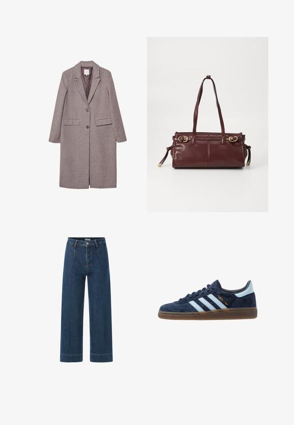 Rjav in bež plašč s karirastim vzorcem, z izrezanim ovratnikom, dvema sprednjima žepoma in dvema gumboma, ki ima gladko notranjo podlogo.; Bela dolga majica z dolgimi rokavi, izdelana iz rebraste tkanine, z okroglim izrezom in sprednjim delom s šestimi prozornimi gumbi.; Temno modri široki jeans hlače z visokim pasom, sprednjim gumbom in zadrgo, obročki za pas ter vidnimi šivi.; Mornarsko modri velur Adidas športni copati z svetlo modrimi črtami, gumijastim podplatom, svetlo modrim petnim jezičkom in zlatim oznako "Spezial" na strani.; Burgundska usnjena torba z dvema naramnicama, zlato obdelanimi dodatki in zadrgo. Ima gladko teksturo in diskretne šive.