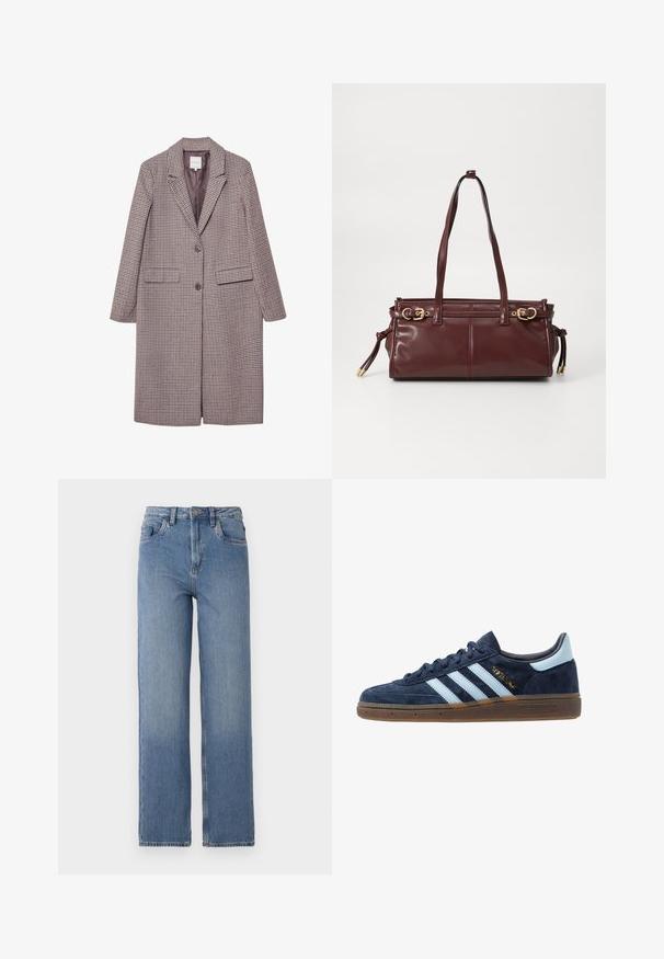 Hnědý a béžový kabát s kostkovaným vzorem, s klopovým límečkem, dvěma předními kapsami a dvěma knoflíky, má hladkou podšívku.; Bílý dlouhý rukáv top vyrobený z ribované látky, který má kulatý výstřih a přední zapínání na šest průhledných knoflíků.; Džínsy s vysokým pasem v modré barvě se rovnými nohavicemi. Obsahují klasický design s pěti kapsami a jemné blednutí na přední straně.; Námořnické modré semišové tenisky Adidas s světle modrými pruhy, gumovou podrážkou, světle modrým patním poutkem a zlatým nápisem "Spezial" na boku.; Bourgonská kožená kabelka se dvěma ramenními popruhy, zlatými kovovými detaily a zipovým uzávěrem. Vyznačuje se hladkou texturou a jemnými švy.