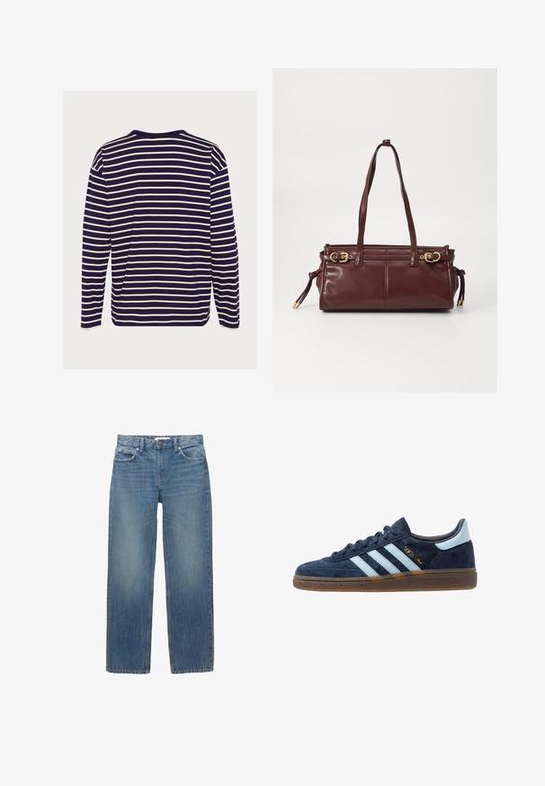 Rjav in bež plašč s karirastim vzorcem, z izrezanim ovratnikom, dvema sprednjima žepoma in dvema gumboma, ki ima gladko notranjo podlogo.; Majica z dolgimi rokavi v temno modri barvi z belimi vodoravnimi črtami, s krožnim dekoltejem in mehkimi bombažnimi materiali.; Svetlo modri denim kavbojke s ravnim krojem, petimi žepi in bakrenimi dodatki. Tkanina ima rahlo zbledel videz in gladko teksturo.; Mornarsko modri velur Adidas športni copati z svetlo modrimi črtami, gumijastim podplatom, svetlo modrim petnim jezičkom in zlatim oznako "Spezial" na strani.; Burgundska usnjena torba z dvema naramnicama, zlato obdelanimi dodatki in zadrgo. Ima gladko teksturo in diskretne šive.