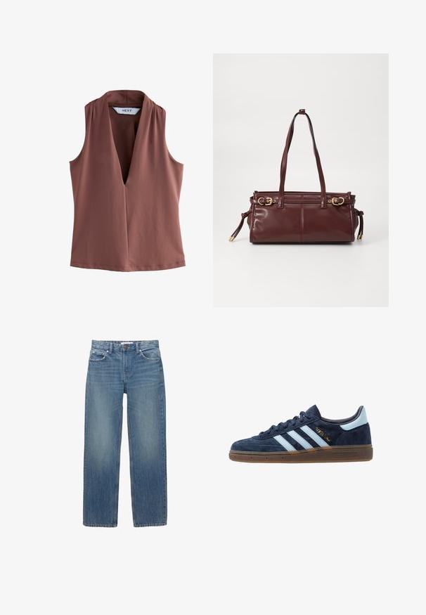 Brun og beige ternet frakke med klapkrave, to forlommer og to knapper, der har en glat inderside.; Ærmeløs top i en terracotta-farve med dyb V-udskæring og blødt, glat stof med minimale syninger.; Lysblå denimjeans med lige snit, fem lommer og hardware i kobberfarve. Stoffet har en let falmning og en glat tekstur.; Navyblå ruskinds Adidas sneakers med lyseblå striber, gummisål, lyseblå hælflap og guld "Spezial" branding på siden.; Bordeaux læder håndtaske med to skulderremme, hardware i guld tone og lynlås lukning. Har en glat overflade og subtile syninger.
