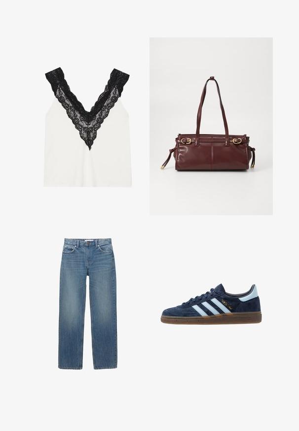Hnědý a béžový kabát s kostkovaným vzorem, s klopovým límečkem, dvěma předními kapsami a dvěma knoflíky, má hladkou podšívku.; Bílý top s černým krajkovým výstřihem do V, na kterém se nacházejí květinové vzory a vlnité okraje. Měkká tkanina s hladkým povrchem.; Světle modré džínové kalhoty se střihiem do rovna, pěti kapsami a měděným kováním. Látka má mírné vyblednutí a hladkou texturu.; Námořnické modré semišové tenisky Adidas s světle modrými pruhy, gumovou podrážkou, světle modrým patním poutkem a zlatým nápisem "Spezial" na boku.; Bourgonská kožená kabelka se dvěma ramenními popruhy, zlatými kovovými detaily a zipovým uzávěrem. Vyznačuje se hladkou texturou a jemnými švy.