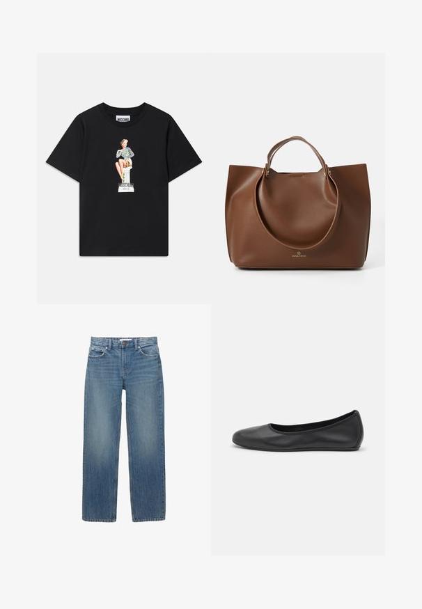 Hnědý a béžový kabát s kostkovaným vzorem, s klopovým límečkem, dvěma předními kapsami a dvěma knoflíky, má hladkou podšívku.; Černé bavlněné tričko s potiskem grafiky ženy ve pruhovaném topu, sedící na podstavci s textem "Moschino Jeans" pod tím.; Světle modré džínové kalhoty se střihiem do rovna, pěti kapsami a měděným kováním. Látka má mírné vyblednutí a hladkou texturu.; Černé kožené baletní byty s kulatou špičkou, hladkou texturou, minimálními švy a flexibilním designem podrážky.; Hnědá kožená taška přes rameno s hladkým povrchem, velkými kulatými rukojeťmi, minimalistickým designem a logem embosovaným na dně.