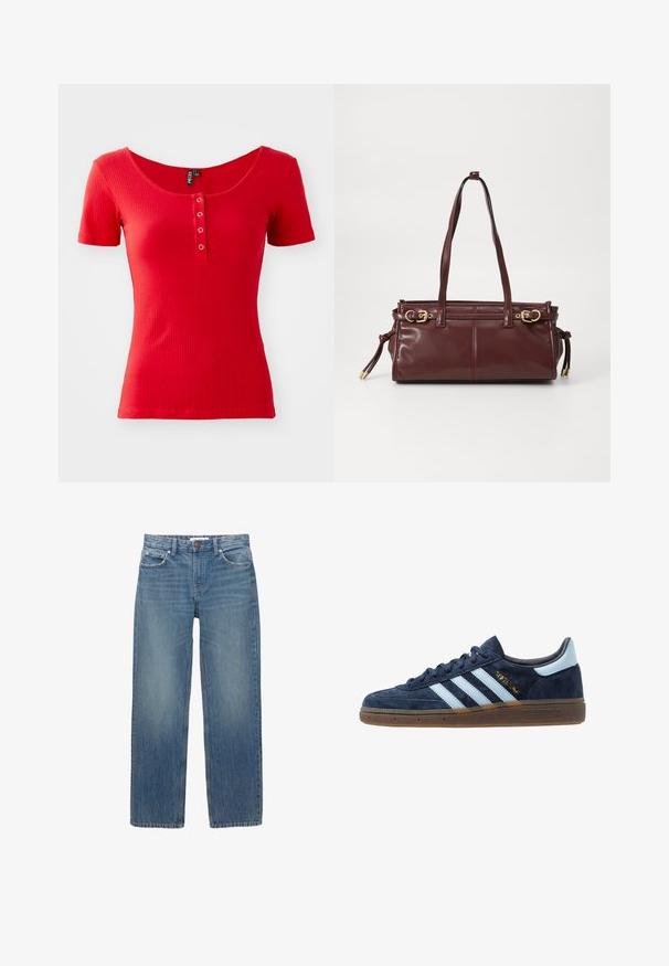 Hnedo-bežový kabát s kostkovaným vzorom, s klope a dvoma prednými vreckami, má dva gombíky a hladkú podšívku.; Červené rebrované tričko s krátkym rukávom a širokým výstrihom s okrúhlym tvarom, predný detail s dvoma kovovými gombíkmi. Mäkko pôsobiaca textúra, priliehavý strih.; Svetlomodré džínsy s rovnými nohavicami, piatimi vreckami a kovovými detailami v medenej farbe. Materiál má jemné blednutie a hladkú textúru.; Námornícky modré semišové tenisky Adidas s svetlomodrými pruhmi, gumenou podrážkou, svetlomodrou pätou a zlatým označením "Spezial" po boku.; Bordová kožená kabelka s dvoma ramennými popruhmi, zlatým kovovým hardvérom a zipsovým uzáverom. Má hladkú textúru a jemné detaily šitia.