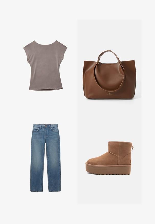 Brown and beige check-patterned coat with a notched collar, two front pockets, and two buttons, featuring a smooth inner lining.; Gray short-sleeve top, relaxed fit, lightweight fabric, smooth texture, wide round neckline, minimal seams, and hemmed edges.; Light blue denim jeans with a straight cut, five pockets, and copper-tone hardware. The fabric has a slight fade and a smooth texture.; Tan suede ankle boot with a platform sole, rounded toe, and stitching accents; features a pull tab at the back for easy wear.; Brown leather tote bag with a smooth texture, large circular handles, featuring minimalistic design and logo embossed at the base.