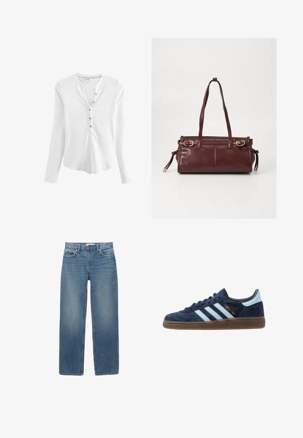 Brązowy i beżowy płaszcz w kratę z wyciętym kołnierzem, dwoma przednimi kieszeniami i dwoma guzikami, z gładką podszewką.; Biała koszula typu henley z długim rękawem, wykonana z materiału w prążki, z wyciętym kołnierzykiem, pięcioma złotymi guzikami z przodu i zaokrąglonym dołem.; Jasnoniebieskie dżinsy z prostym krojem, pięcioma kieszeniami i miedzianymi detalami. Materiał ma delikatne przetarcia i gładką fakturę.; Granatowe zamszowe tenisówki Adidas z jasnoniebieskimi paskami, gumową podeszwą, jasnoniebieską zakładką na pięcie oraz złotym logo "Spezial" po boku.; Burgundowa skórzana torebka na ramię z dwoma paskami, złotym wykończeniem i zamknięciem na zamek. Posiada gładką teksturę i subtelne detale wyszycia.
