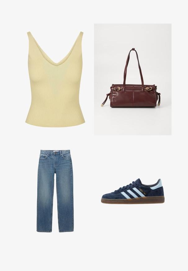 Hnědý a béžový kabát s kostkovaným vzorem, s klopovým límečkem, dvěma předními kapsami a dvěma knoflíky, má hladkou podšívku.; Pruhovaný top bez rukávů v bledě žluté barvě s výstřihem do V, který má přiléhavý střih a měkkou texturu. Standardní ramínka, žádné viditelné kovové součásti.; Světle modré džínové kalhoty se střihiem do rovna, pěti kapsami a měděným kováním. Látka má mírné vyblednutí a hladkou texturu.; Námořnické modré semišové tenisky Adidas s světle modrými pruhy, gumovou podrážkou, světle modrým patním poutkem a zlatým nápisem "Spezial" na boku.; Bourgonská kožená kabelka se dvěma ramenními popruhy, zlatými kovovými detaily a zipovým uzávěrem. Vyznačuje se hladkou texturou a jemnými švy.