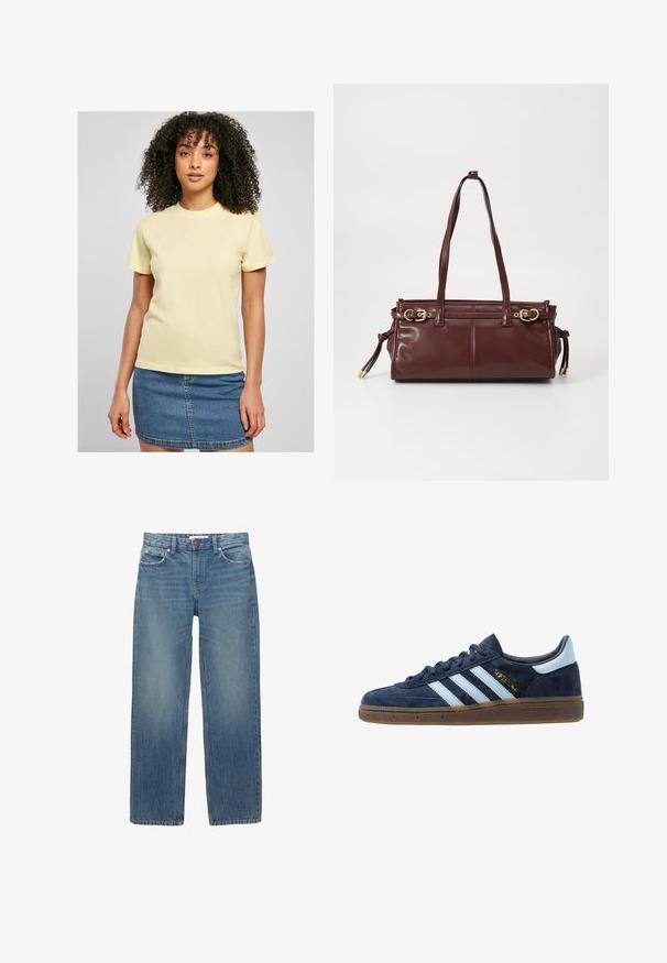 Rjav in bež plašč s karirastim vzorcem, z izrezanim ovratnikom, dvema sprednjima žepoma in dvema gumboma, ki ima gladko notranjo podlogo.; Rumena bombažna majica s kratkimi rokavi, z belim vezenim logotipom na prsih. Nosijo jo z denim krilom.; Svetlo modri denim kavbojke s ravnim krojem, petimi žepi in bakrenimi dodatki. Tkanina ima rahlo zbledel videz in gladko teksturo.; Mornarsko modri velur Adidas športni copati z svetlo modrimi črtami, gumijastim podplatom, svetlo modrim petnim jezičkom in zlatim oznako "Spezial" na strani.; Burgundska usnjena torba z dvema naramnicama, zlato obdelanimi dodatki in zadrgo. Ima gladko teksturo in diskretne šive.