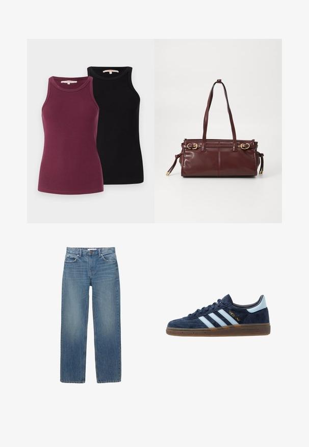 Hnědý a béžový kabát s kostkovaným vzorem, s klopovým límečkem, dvěma předními kapsami a dvěma knoflíky, má hladkou podšívku.; Dvě žebrované tílka v burgundské a černé barvě. Mají kulaté výstřihy a jsou navržena pro přiléhavý siluetu. Hladká textura.; Světle modré džínové kalhoty se střihiem do rovna, pěti kapsami a měděným kováním. Látka má mírné vyblednutí a hladkou texturu.; Námořnické modré semišové tenisky Adidas s světle modrými pruhy, gumovou podrážkou, světle modrým patním poutkem a zlatým nápisem "Spezial" na boku.; Bourgonská kožená kabelka se dvěma ramenními popruhy, zlatými kovovými detaily a zipovým uzávěrem. Vyznačuje se hladkou texturou a jemnými švy.