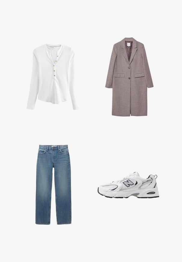 Smešani kaput u smeđim i bež kariranim uzorcima s rebrastim okovratnikom, dva prednja džepa i dva dugmeta, sa glatkom unutarnjom podlogom.; Bijela dolčevita majica dugih rukava od rebrastog materijala, s V-izrezom i pet zlatnih gumba duž patenta.; Svijetloplave traperice ravnog kroja, s pet džepova i hardverom u boji bakra. Tkanina ima blago izblijedjelu boju i glatku teksturu.; Bijela atletska cipela s mrežastim gornjim dijelom, mornarskim akcentima i podstavljenim potplatom. Sadrži "N" logo, vezice i teksturirani detalj sa strane.