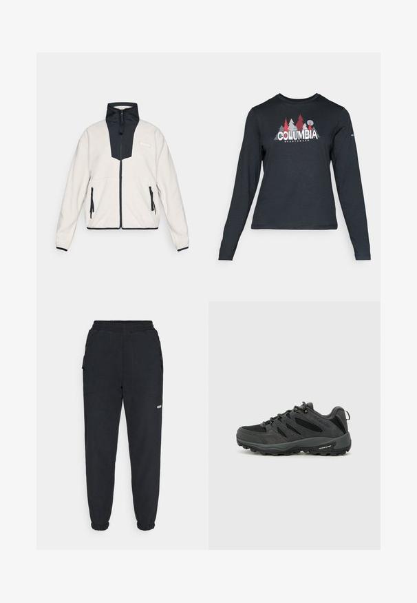 Világos bézs szövött dzseki fekete panelekből, teljes hosszúságú cipzárral, magas gallérral, cipzáras oldalzsebekkel és Columbia logóval a mellkason.; Hosszú ujjú, sötétszürke ing piros fákkal és hegyekkel díszítve; a "COLUMBIA" logó vastag fehér betűkkel. Puha anyag, klasszikus kerek nyakkivágás.; Fekete bolyhos jogger nadrág, elasztikus derékkal, szűkített lábakkal, oldalsó zsebekkel és egy kis fehér logóval a bal lábon.; Columbia REDMOND - Túracipők - black/citron haze