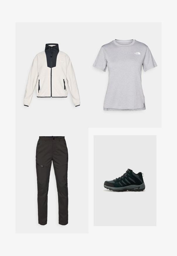 Lys beige fleecejakke med svarte paneler, hel frontglidelås, høy krage, glidelåslommer på siden og Columbia-logo på brystet.; Grå kortermet t-skjorte laget av myk, fukttransporterende stoff. Har en rund hals og en liten hvit logo på øvre venstre side.; ODLO PANTS REGULAR LENGTH ASCENT LIGHT - Friluftsbukser - black; Columbia REDMOND - Fjellsko - black/citron haze