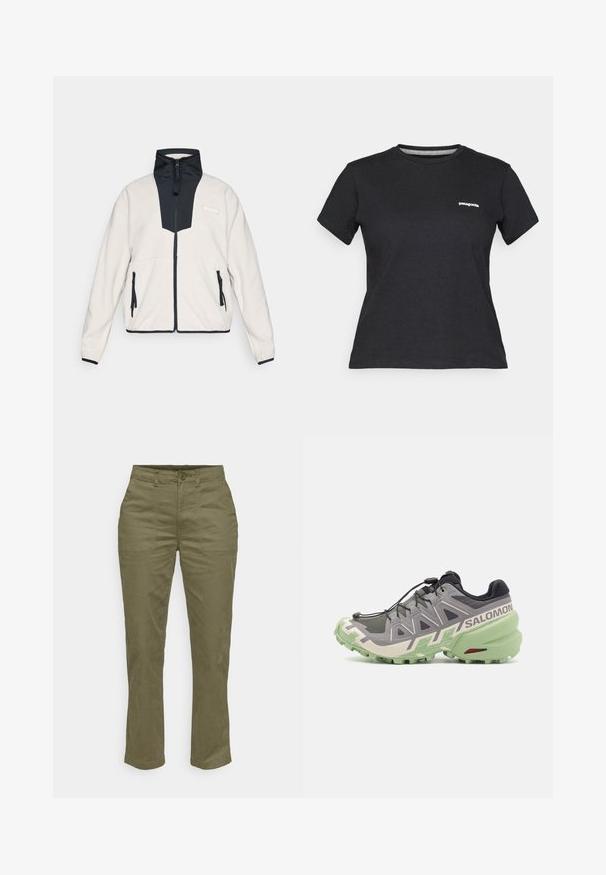 Helebeež fliistekott mustade paneelidega, täispikk eesvetip, kõrge kraega, lukuga küljetaskud ja Columbia logo rinnal.; Must musta T-särk ümmarguse kaelusega ja lühikeste varrukatega. Vasakul rinnal on valge "Patagonia" logo.; Oliivroheline puuvillane püksid sirge sääre disainiga, millel on ees nupuga kinni minek, kaks küljetaskut ja tugevdatud õmblused.; Hallikas jooksujalats tekstureeritust võrkkattega, rohelise kummitaldaga ja eristatavate disainielementidega, sealhulgas kiire kinnitussüsteem ja logo.