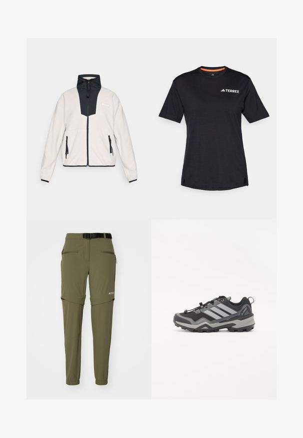 Šviesiai kreminės spalvos pūkinė striukė su juodomis detalėmis, užtrauktuku priekyje, aukštu apykakle, užtrauktukais šoninėse kišenėse ir Columbia logotipu ant krūtinės.; Juodas trumpas rankovės marškinėliai su apvaliu kaklu, su subtiliu melange tekstūra ir baltu "TERREX" logotipu viršutiniame kairiajame kampe.; adidas Terrex UTILITAS - Lauko kelnės - olive strata; Juodos ir pilkos spalvos žygių bateliai su tekstūruota paviršiumi, guma padangoje ir trimis ryškiai pilkomis juostelėmis šone; turi greito užrišimo sistemą.