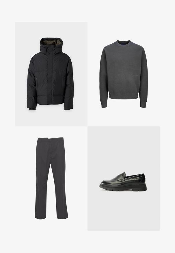 Čierna prešívaná bunda s vysokým golierom, dvojitým zipsom, bočnými vreckami a kapucňou. Má hladký vonkajší povrch a podšívku.; Tmavošedý sveter vyrobený z textúrovaného pleteného materiálu, s rebrovaným výstrihom a manžetami, a jemným logom na prednej strane.; Čierne nohavice so strihom rovného zakončenia, vyrobené z tkaniny. Majú predný uzáver na gombík a štandardné pútká na opasok.; Čierne kožené mokasíny s gumovou podrážkou. Dizajn obsahuje prešitý zvršok a široký pás cez priehlavok. Hladká textura, moderný tvar.