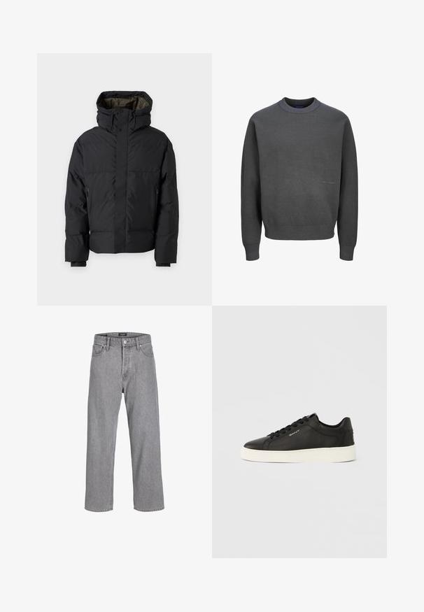 Čierna prešívaná bunda s vysokým golierom, dvojitým zipsom, bočnými vreckami a kapucňou. Má hladký vonkajší povrch a podšívku.; Tmavošedý sveter vyrobený z textúrovaného pleteného materiálu, s rebrovaným výstrihom a manžetami, a jemným logom na prednej strane.; Šedé denimové nohavice s uvoľneným, voľným strihom. Majú tradičný dizajn s piatimi vreckami a zapínanie na gombík na páse.; Čierne kožené tenisky s bielou gumovou podrážkou, plochými šnúrkami a detailom loga na boku. Hladký povrch a zaoblený dizajn špičky.