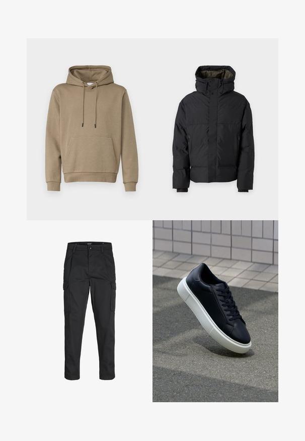 Doudoune noire avec un col haut, des doubles zips, des poches latérales et une capuche. Caractéristiques d'un extérieur lisse et d'un intérieur doublé.; Sweatshirt à capuche en brun clair, fabriqué en tissu doux. Comprend une poche frontale et des poignets côtelés. Design simple avec des cordons de serrage.; Pantalons cargo noirs en tissu résistant, dotés de plusieurs poches, d'une fermeture par bouton et d'une coupe slim avec des jambes fuselées.; Baskets noires en cuir avec bout arrondi et semelle en caoutchouc blanc. Elles présentent des lacets plats et une couture minimale sur la tige. Semelle texturée pour une bonne adhérence.