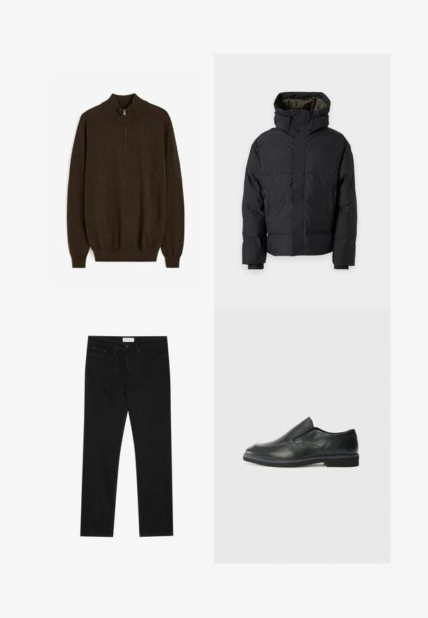 Schwarze Pufferjacke mit hohem Kragen, doppelten Reißverschlüssen, seitlichen Taschen und Kapuze. Merkmale sind ein glatter Außenstoff und ein gefüttertes Innenfutter.; Brauner Pullover mit hohem Kragen, halbem Reißverschluss und gerippten Bündchen und Saum. Mit einer glatten Strickstruktur.; Schwarze gerade Jeans mit Fünf-Taschen-Design, Knopf- und Reißverschluss, und einem Pier One-Label am Bund.; Schwarze Leder-Slipper mit glattem Obermaterial, gesteppten Akzenten, runder Zehenpartie und niedrigem Gummiabsatz. Die Sohle hat ein minimales Profil.