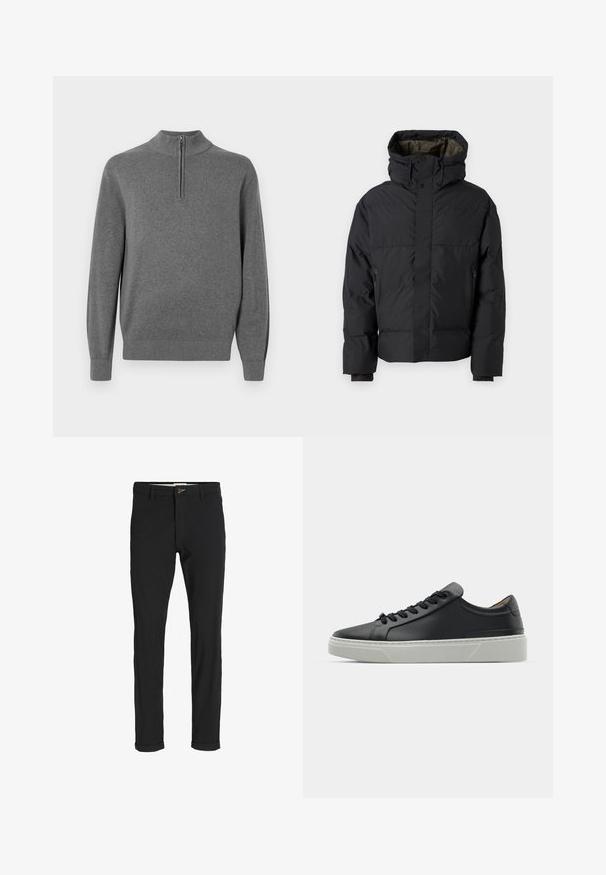 Schwarze Pufferjacke mit hohem Kragen, doppelten Reißverschlüssen, seitlichen Taschen und Kapuze. Merkmale sind ein glatter Außenstoff und ein gefüttertes Innenfutter.; Grauer Pullover mit hohem Hals und einem halblangen Reißverschluss. Aus weichem Material gefertigt, mit gerippten Bündchen und Saum.; Schwarze Baumwollmischungshose mit schmalem Schnitt, gekennzeichnet durch einen Knopfverschluss, Taschen und umgeschlagenen Säumen für einen lässigen Abschluss.; Schwarze Ledersneaker mit glatter Textur, runder Zehenform und schwarzen Schnürsenkeln. Verfügt über eine dicke, weiße Gummisohle mit subtilen geometrischen Akzenten.