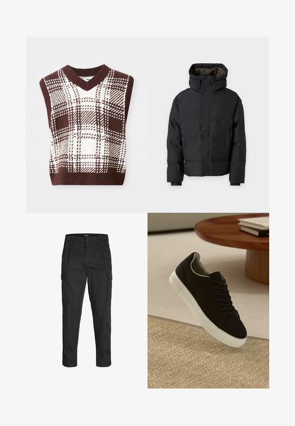 Juodas pūkinis švarkas su aukštu kaklu, dviem užtrauktukais, šoninėmis kišenėmis ir kapuche. Yra lygus išorinis paviršius ir pamušalas viduje.; Rudas ir kreminis languotas megztinis be rankovių su V formos iškirpte ir raukiniais apatinėje dalyje, turintis įvairių languotų raštų ir tekstūrų.; Juodi krovinių tipo džinsai, pagaminti iš tvirto audinio, su keliais kišeniais, mygtuko uždarymu ir siauru, prigludusiu dizainu su siaurėjančiomis kojomis.; Juodas sportinis batelis su baltu padu, lekiančius virš smėlio spalvos tekstūruoto kilimo šalia apvalaus medinio stalo su sukrautomis knygomis.