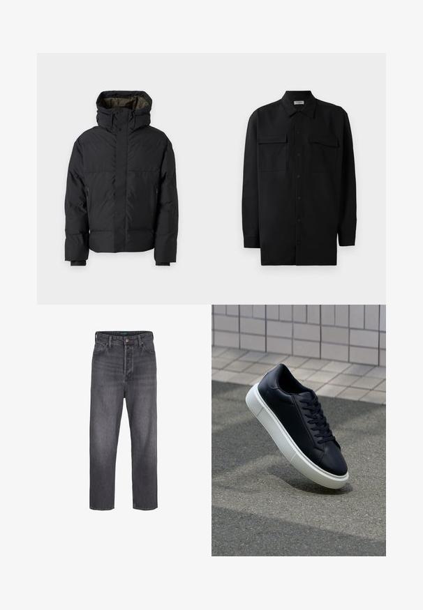 Black puffer jacket with a high neck, dual zippers, side pockets, and a hood. Features a smooth exterior and lined interior.; Black button-up shirt made of smooth fabric, featuring a classic collar, two front pockets, and long sleeves with button cuffs.; Dark gray denim jeans with a straight leg design, high waist, five-pocket styling, and light fading. Metal button and zip fly closure.; Black leather sneaker with rounded toe and white rubber sole. Features flat laces and minimal stitching on the upper. Textured sole for grip.