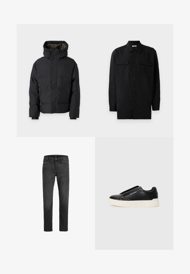 Svart puffjakke med høy krage, doble glidelåser, sidelommer og hette. Har en jevn overflate og foret innside.; Svart skjorte med knapper laget av glatt stoff, med klassisk krage, to frontlommer og lange ermer med knappe mansjetter.; Svarte denimjeans med rett passform, fem lommer og glidelås. Har subtil falming og kontrastsøm.; Sorte slip-on joggesko med teksturert læroverdel, hvit gummisåle og ingen synlige snører. Har merkevarelogo på siden.