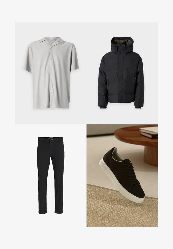 Juodas pūkinis švarkas su aukštu kaklu, dviem užtrauktukais, šoninėmis kišenėmis ir kapuche. Yra lygus išorinis paviršius ir pamušalas viduje.; Šviesiai pilka trumpomis rankovėmis marškiniai su mygtukais, pagaminti iš raukšlėtos medžiagos, pasižymintys laisvu kirpimu, apykakle ir penkiomis metalinėmis mygtukais priekyje.; Juodi medvilnės mišiniai kelnės su siauru siluetu, su mygtuko uždarymu, kišenėmis ir sukamučiais galais, suteikiančiais laisvalaikio stilių.; Juodas sportinis batelis su baltu padu, lekiančius virš smėlio spalvos tekstūruoto kilimo šalia apvalaus medinio stalo su sukrautomis knygomis.