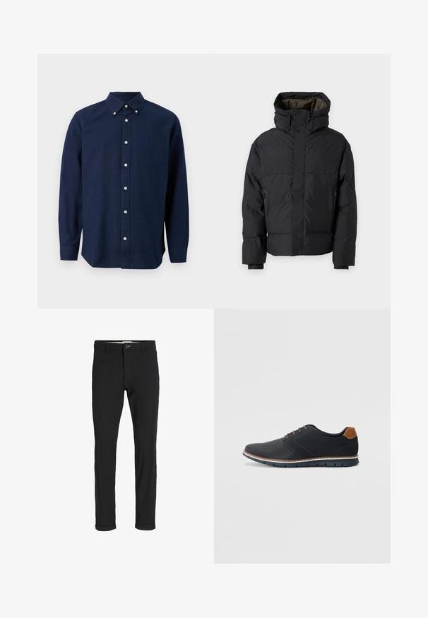 Black puffer jacket with a high neck, dual zippers, side pockets, and a hood. Features a smooth exterior and lined interior.; Navy blue long-sleeve button-up shirt with a chest pocket and button-down collar, displayed against a white background.; Black cotton blend pants with a slim fit, featuring a button closure, pockets, and rolled cuffs for a casual finish.; Black synthetic shoes with a textured upper, smooth accents, brown heel, and a contrasting sole. Features minimal lacing and stitch details.