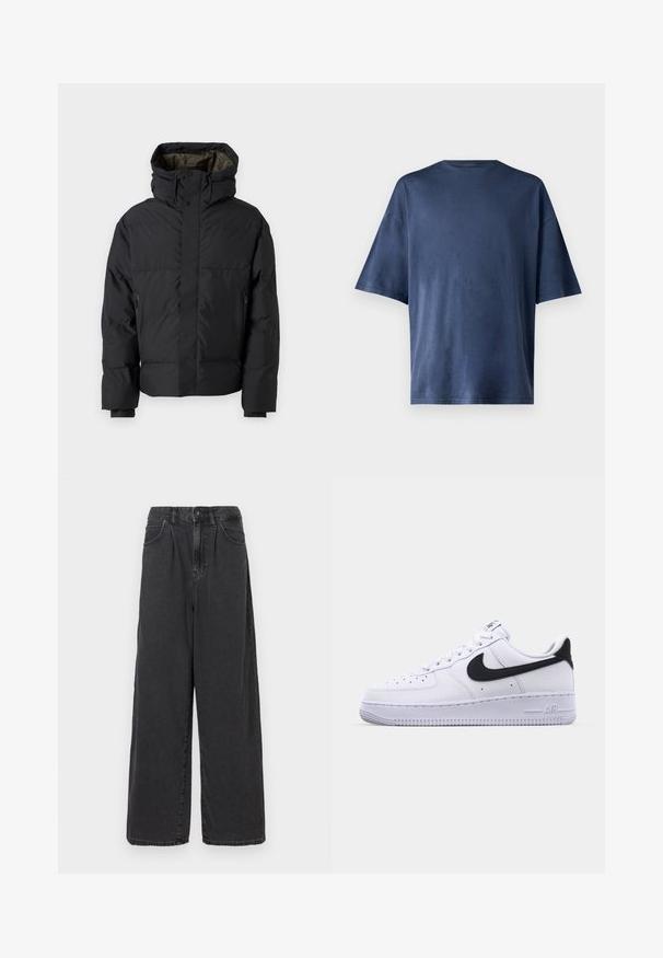 Jachetă puffer neagră, cu gât înalt, două fermoare, buzunare laterale și glugă. Are un exterior neted și un interior căptușit.; Tricou navy blue cu mânecă scurtă, realizat dintr-un material moale, prezintă un guler clasic și o croială lejeră, fără modele sau accente vizibile.; Pantaloni din denim negri, cu talie înaltă și croială largă, cu închidere frontală cu buton și fermoar, având buzunare laterale și o textură netedă.; Adidași din piele albă cu un Swoosh negru texturat, șireturi plate și o talpă din cauciuc cu un model zimțat. "AIR" este embosat pe călcâi.