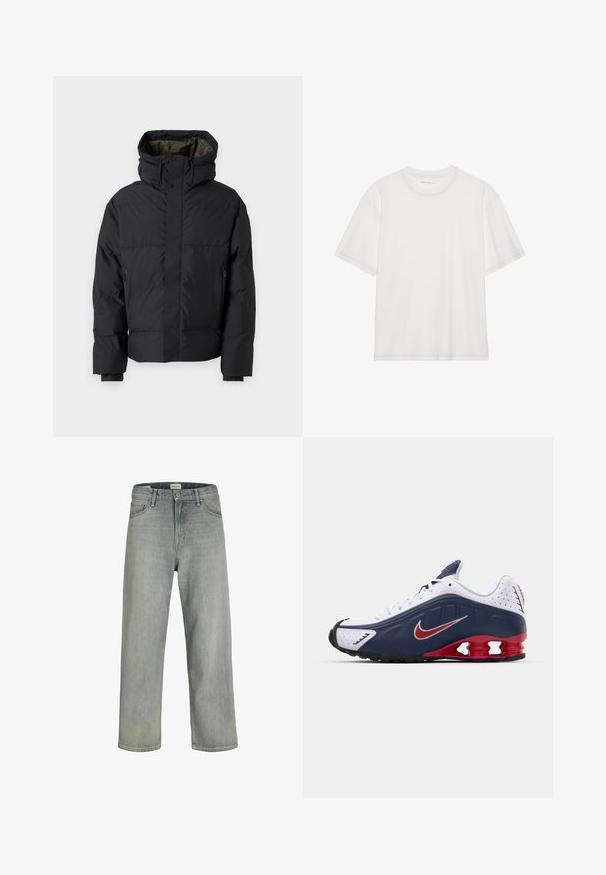 Must mustan jope kõrge kaelusega, kahe tõmblukuga, küljetaskutega ja kapuutsiga. Omab siledat välispinda ja vooderdatud sisepinda.; Valge puuvillane t-särk lühikeste varrukatega, ümar kaelus ja kontrastse õmbluse detail kaeluse ning varrukate ümber.; Heledad hallhallid, laia lõikega denimist teksased. Omavad klassikalist viie tasku disaini, vööloopse ja sirget säärelõiget.; Valge ja navy sinine spordijalats punaste accentidega, võrkmaterjalist paneelid, pehmendustega krae ja eristuv talladisain, mis sisaldab nähtavaid pehmenduselemente.