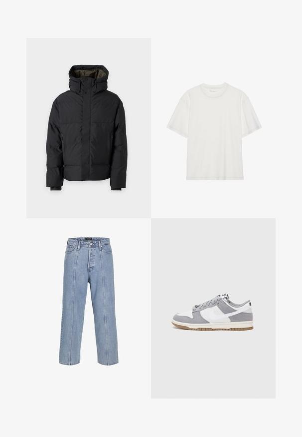 Giubbotto piumino nero con collo alto, doppia zip, tasche laterali e cappuccio. Caratterizzato da un esterno liscio e un interno foderato.; T-shirt bianco in cotone con maniche corte, colletto rotondo e dettagli di cucitura a contrasto intorno al colletto e alle maniche.; Jeans in denim blu chiaro con una vestibilità ampia, gambe larghe e dettagli di cucitura visibili. Presenta una chiusura con bottone e zip, cinque tasche.; Sneaker grigia e bianca con tomaia in suede e pelle, punta arrotondata, lacci piatti e soletta in gomma con un accento color caramello.