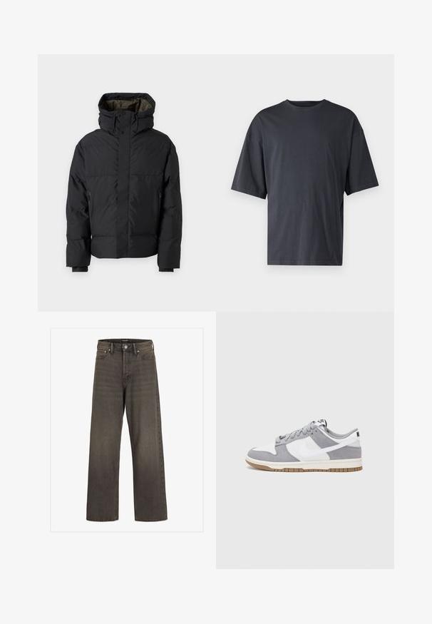 Black puffer jacket with a high neck, dual zippers, side pockets, and a hood. Features a smooth exterior and lined interior.; Dark gray short-sleeve t-shirt made of lightweight cotton, featuring a loose fit and classic crew neckline, with plain texture and no patterns.; Wide-leg jeans in dark grey denim, featuring a high waist, classic five-pocket design, and contrasting stitching along the seams.; Nike sneakers feature a gray suede and white leather upper with perforations, round laces, and a gum sole for traction.