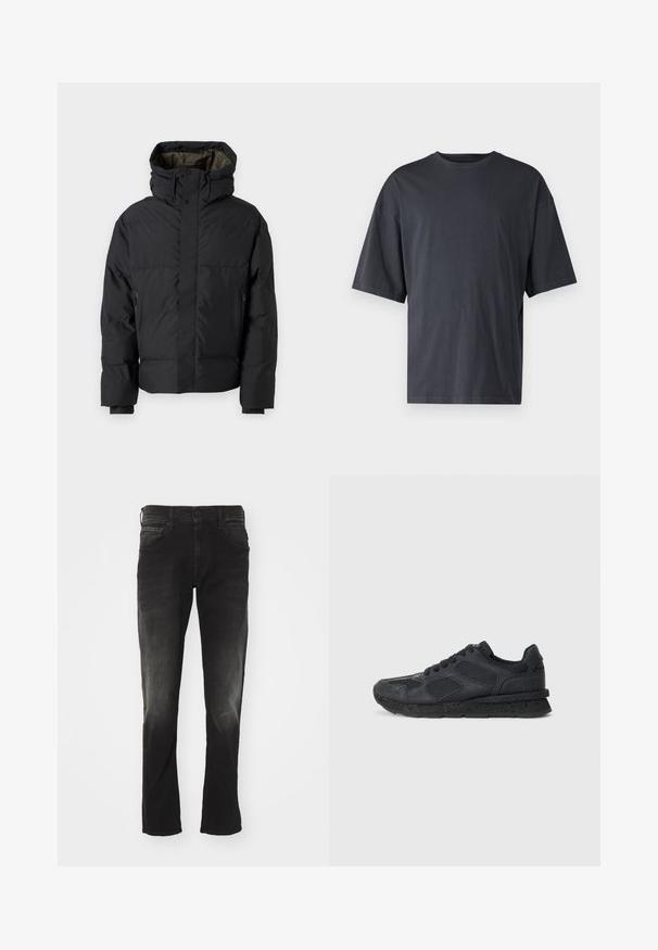 Schwarze Pufferjacke mit hohem Kragen, doppelten Reißverschlüssen, seitlichen Taschen und Kapuze. Merkmale sind ein glatter Außenstoff und ein gefüttertes Innenfutter.; Dunkelgraues Kurzarm-T-Shirt aus leichtem Baumwollmaterial, mit lockerer Passform und klassischem Rundhalsausschnitt, in einfarbigem Design ohne Muster.; Schwarze Denim-Jeans mit einer ausgebleichten Waschung, fünf Taschen, geradem Bein und einem klassischen Knopf- und Reißverschluss.; Replay ARTHUR ATOM - Sneaker low - black
