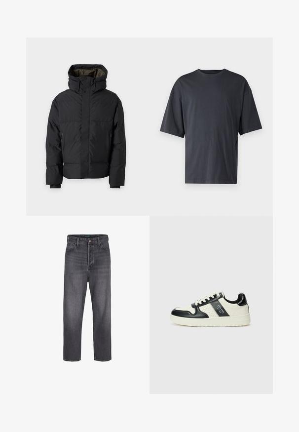 Black puffer jacket with a high neck, dual zippers, side pockets, and a hood. Features a smooth exterior and lined interior.; Dark gray short-sleeve t-shirt made of lightweight cotton, featuring a loose fit and classic crew neckline, with plain texture and no patterns.; Dark gray denim jeans with a straight leg design, high waist, five-pocket styling, and light fading. Metal button and zip fly closure.; Leather sneakers with a black and cream color scheme, featuring perforated accents, a padded collar, and a textured outsole.