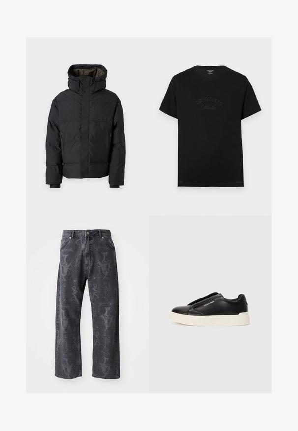 Czarna kurtka puchowa z wysokim kołnierzem, podwójnymi zamek błyskawicznymi, kieszeniami bocznymi i kapturem. Charakteryzuje się gładką powierzchnią i podszewką wewnętrzną.; Czarny bawełniany t-shirt z krótkim rękawem i okrągłym dekoltem. Na przedzie znajduje się wytłoczone napisy "ORIGINALS Studio" w tonacji kolorystycznej.; Ciemnoszare dżinsy z szerokimi nogawkami, ozdobione subtelnym, tonalnym wzorem graficznym i klasycznym pięciokomorowym designem. Standardowe zapięcie na guzik i zamek błyskawiczny.; Czarne trampki wsuwane z teksturowanej skóry, biała gumowa podeszwa i brak widocznych sznurówek. Posiadają logo marki z boku.