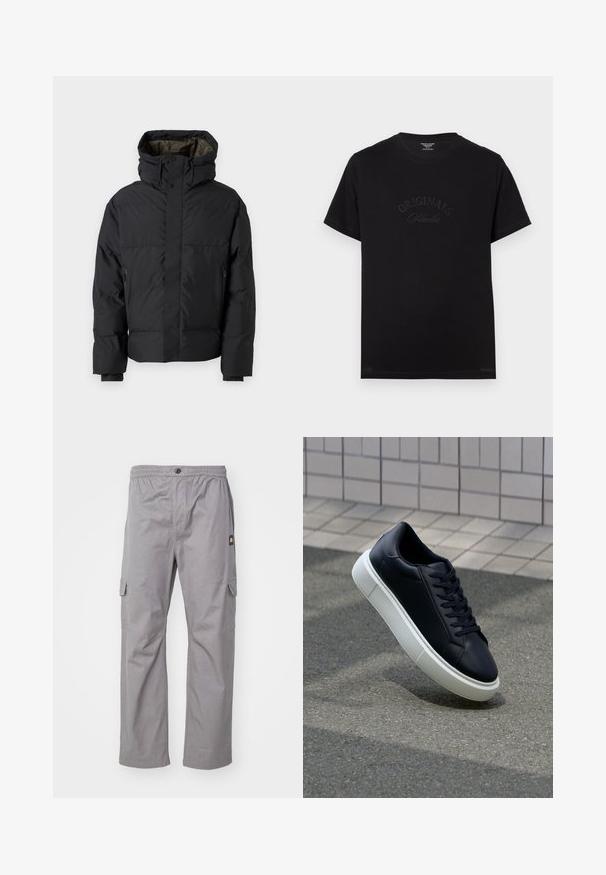 Black puffer jacket with a high neck, dual zippers, side pockets, and a hood. Features a smooth exterior and lined interior.; Black cotton t-shirt with short sleeves and a round neckline. Features "ORIGINALS Studio" embossed in tonal lettering on the front.; Gray cargo pants with an elastic waist, button closure, two side pockets, and a small logo tag on the left side. Soft fabric and straight fit.; Black leather sneaker with rounded toe and white rubber sole. Features flat laces and minimal stitching on the upper. Textured sole for grip.