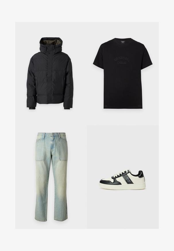 Svart puffjacka med hög krage, dubbla dragkedjor, sidofickor och huva. Har en slät utsida och foder inuti.; Svart bomulls t-shirt med korta ärmar och rund halsringning. Har "ORIGINALS Studio" präglat i tonade bokstäver på framsidan.; Ljust blå denimbyxor med rak benpassform, synlig sömnad och två stora framfickor. Tyget har en blekt struktur.; Läder sneakers med en svart och krämfärgad färgsättning, med perforerade detaljer, en vadderad krage och en strukturerad yttersula.