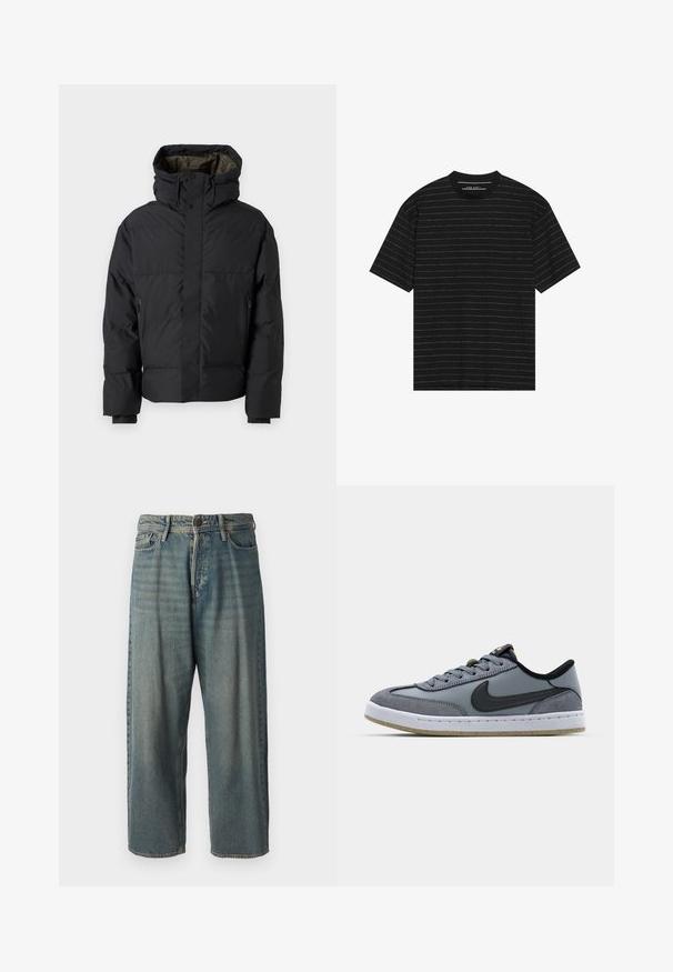 Černá péřová bunda s vysokým límcem, dvojitými zipy, bočními kapsami a kapucí. Má hladký povrch a podšívku.; Černé tričko s krátkým rukávem, zdobené tenkými bílými horizontálními pruhy. Vyrobeno z měkké tkaniny s kulatým výstřihem a volným střihem.; Světle modré denimové džíny s volným střihem, středně vysokým pasem a rovnými nohavicemi. Obsahují pět kapes, poutka na opasek a zapínání na knoflík.; Šedé tenisové boty s hladkým svrškem, semišovými akcenty, černým logem Nike, bílou mezipodešví a texturovanou gumovou podrážkou. Součástí jsou tkaničky a polstrovaný límec.