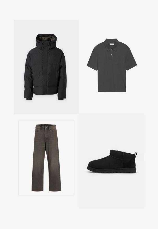 Black puffer jacket with a high neck, dual zippers, side pockets, and a hood. Features a smooth exterior and lined interior.; Dark gray polo shirt with a traditional collar, three-button placket, short sleeves, and a left chest pocket. Smooth fabric texture.; Wide-leg jeans in dark grey denim, featuring a high waist, classic five-pocket design, and contrasting stitching along the seams.; Black suede ankle boots with a soft, textured lining, low-profile rubber sole, and a pull tab at the back for easy wear.
